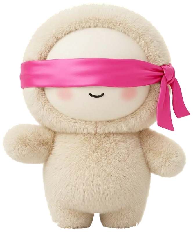 The Muse, a plush cream creature wearing a hot pink satin blindfold